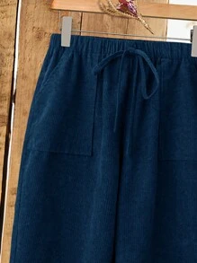 EMERY ROSE Quần ống đứng rộng rãi, cạp chun, vải nhung kẻ sọc màu nâu, size lớn cho nữ, có túi bên hông, quần áo mùa đông cho nữ - Màu xanh hải quân - Xem 4