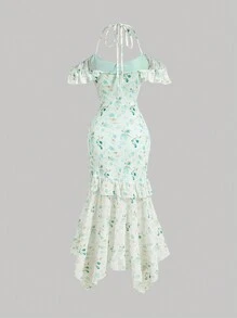 SHEIN MOD Vestido largo verde de punto con flores para el verano, vestidos verdes para mujer, vestido de graduación - Verde - Ver 2