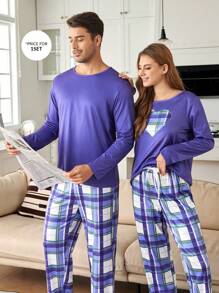 CoupledUp Conjunto de pijama casual de manga larga a cuadros y de color block para hombre
