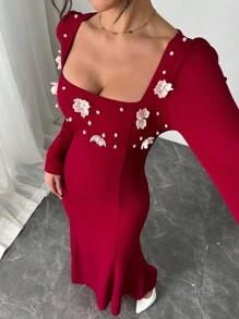 Modelyn Women's Elegant Pearl Floral High Neck Fish Tail Dress, Suitable For Parties Fall Cloth For Women