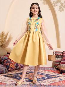 Vestido elegante de manga larga con estampado floral y malla para niñas preadolescentes