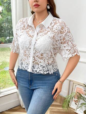 SHEIN Privé 大码女式花卉蕾丝透视休闲优雅度假波西米亚风海滩短袖衬衫，春夏