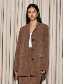 AiiRZ Luxurious Oversized Suede Blazer Professional Business Office Wear Designer Single Breasted Fall Winter Structured Coat Jacket With Button Closure - Coffee Brown - View 1