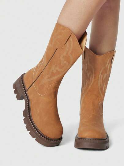 Fairycore Stivali di moda da donna con suola spessa, stile retrò, stivali al polpaccio, stivali cowboy, stivali western, adatti per autunno e inverno, con suola spessa, per vacanze, tempo libero e uso quotidiano, stivali da cowgirl