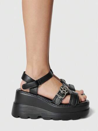 Goth Sandali estivi stile gotico europeo e americano, con punta aperta, stile rock punk con chiusura a strappo, sandali da spiaggia alla romana, con suola a zeppa e platform