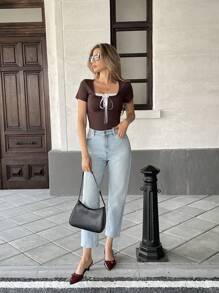 Pariaura Vrouwen schattig ronde hals contrast kant strik korte mouw T-shirt