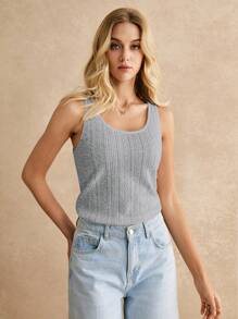 Poéselle Áo ba lỗ bó sát không tay màu trơn đơn giản cho nữ, mặc thường ngày - Xám - Xem 4