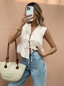 SHEIN Frenchy Women Solid Color Pleated Front Tie Sleeveless Shirt Summer Casual - Apricot - View 6