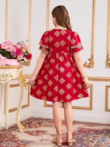 Vestido corto casual y elegante para niñas preadolescentes con manga de volantes y estampado floral