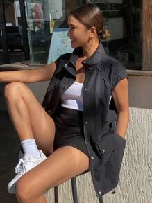 Livesso Women's Plain Front Button Sleeveless Pocket Simple Casual Jacket For Everyday Wear,Fall Clothes