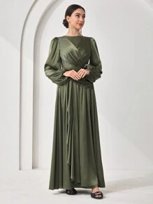 Veilorie Đầm Abaya cổ tròn tay đèn lồng màu trơn cho nữ, kín đáo - màu xanh lá - Xem 7