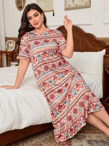 Trezura Retro Floral Print Plus Size Women Casual Round Neck Short Sleeve Nightgown