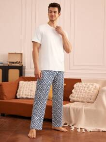 Solid White Short Sleeve Top And Striped Print Sleep Pants Men's Pajama Set - Multicolor - View 7