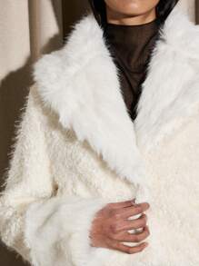 AiiRZ 奢华人造毛皮冬季大衣毛绒纹理毛绒夹克蓬松长袖保暖时尚个性单品晚会外套 - 白色 - 查看 4