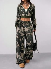 SHEIN EZwear 女士日常穿着嘻哈休闲迷彩连帽衫套装/两件套 - 彩色 - 查看 4