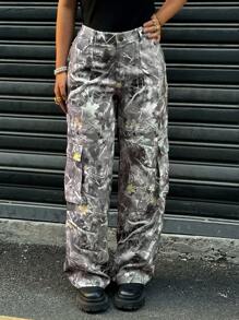 SHEIN EZwear Women's Casual Front Button Pocket Print Pants, Simple Design For Daily Wear - Multicolor - View 1