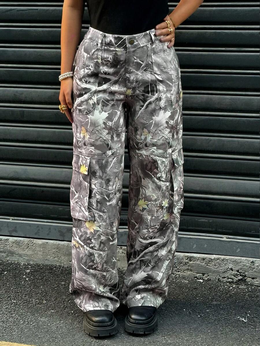 SHEIN EZwear Women's Casual Front Button Pocket Print Pants, Simple Design For Daily Wear - Multicolor - View 1