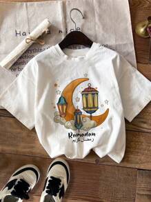 SHEIN Leap Crew Tween Boy Simple Casual Ramadan Print Short Sleeve Crew Neck T-Shirt, Suitable For Summer - White - View 3