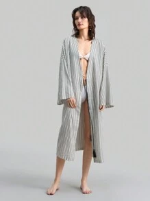 Ontre 女士灰色和白色波西米亚风格长袖裹身罩衫，条纹简约长滩罩衫，休闲假日 - 黑與白 - 查看 1