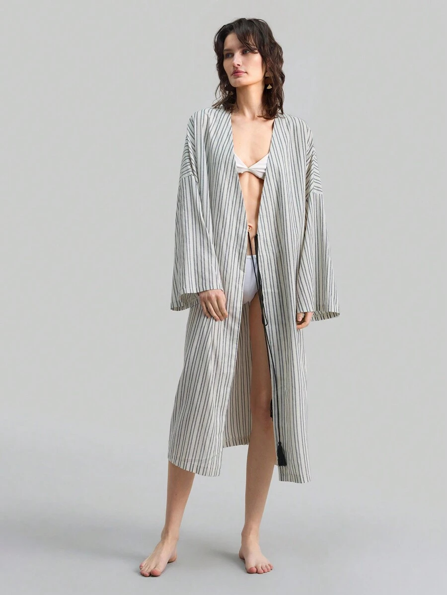 Ontre 女士灰色和白色波西米亚风格长袖裹身罩衫，条纹简约长滩罩衫，休闲假日 - 黑與白 - 查看 1