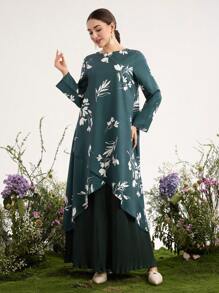 Graceveil 女式阿拉伯编织花卉印花褶皱长袖拼布长款休闲连衣裙 - 墨綠色 - 查看 3