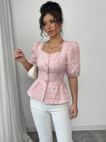 Chiquease Pink Textured Casual Short Sleeve Button Down Shirt - Pink - View 1