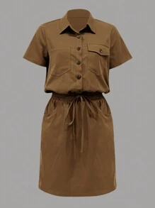 SHEIN LUNE 女式夏季军绿色工装衬衫裙，短款紧身连衣裙，带多个口袋 - 棕色 - 查看 3