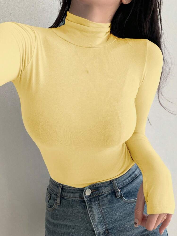 Women's Casual Yellow Rib-Knit Turtleneck Top Soft Knitted Fabric Long Sleeve And Regular Fit For Everyday Style Spring/Summer/Autumn,Back To School Clothes,Fall Women Clothes