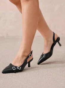 CUCCOO CURVES Plus Size Wide Fit Pointed Toe High Heel Pumps, Elegant Black PU Hollow Buckle Side Strap Sandals, Suitable For All Seasons - Black - View 1