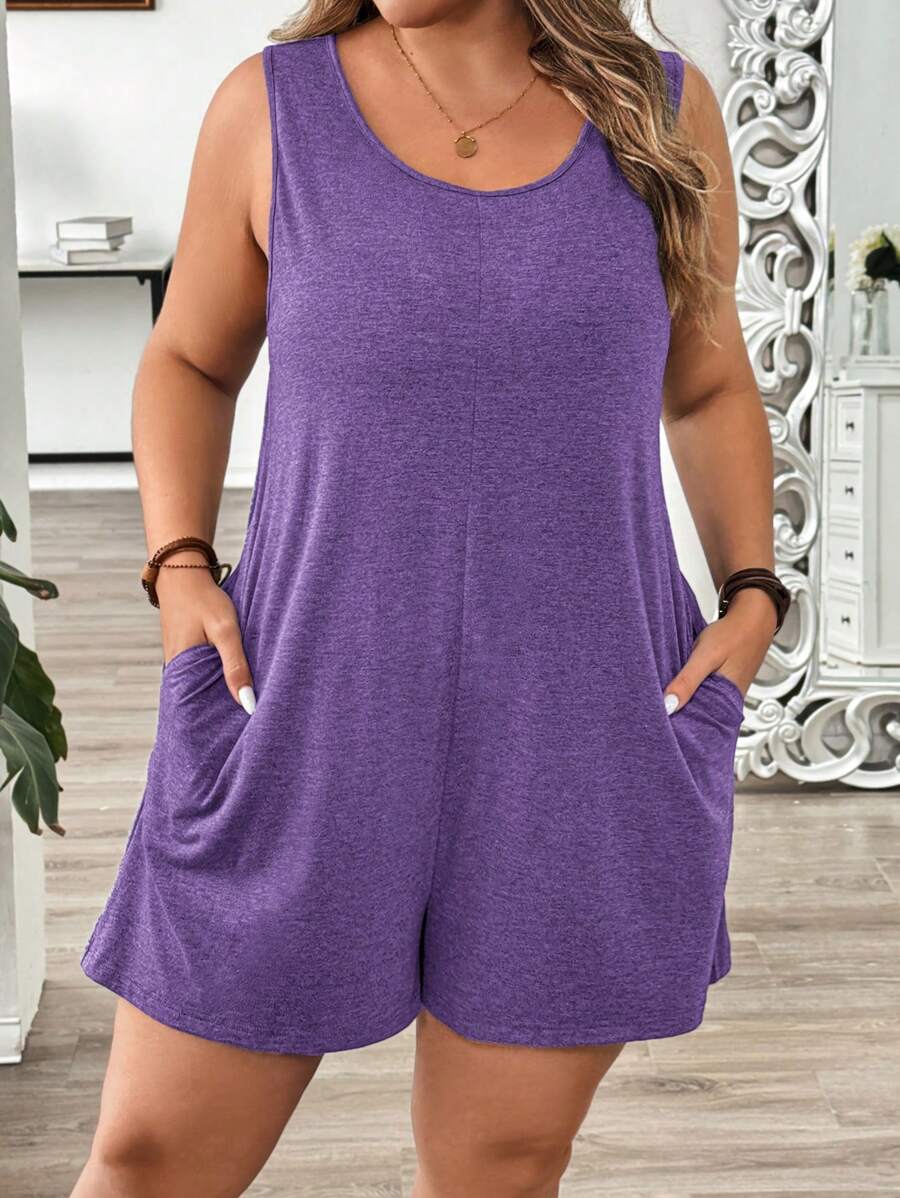 SHEIN LUNE Plus Size Solid Color Sleeveless Casual Romper - Purple - View 1