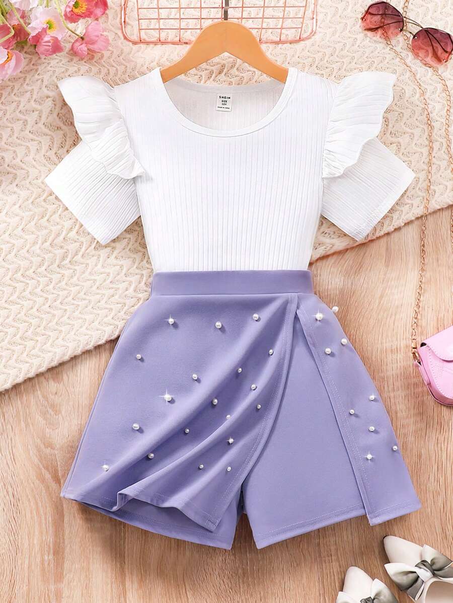 Tween Girl Casual Elegant Solid Ribbed Ruffle Trim Tee And Faux Pearl Decor Skirt Shorts 2 Pieces Set, Summer,Holiday,Summer,Travel