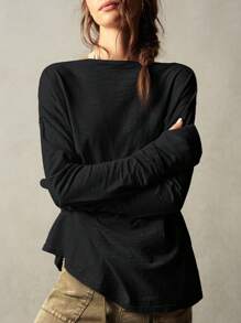 Bohemela BOHO Casual Solid Color Knit Boat Neck Long Sleeve Loose Fit Regular T-Shirt - Black - View 8