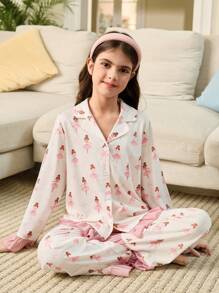 SHEIN Tween Girls Cute Cartoon Pattern Collar Button Front Long Sleeve Top And Ruffle Trim Soft Comfortable Pants 2 Pieces Pajama Set, Sibling Matching Outfits (2 Sets Sold Separately) - Pink - View 4