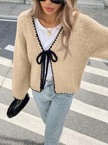 Serisse 秋冬女士撞色系带长袖休闲开衫