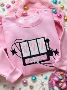 SHEIN Embroidered "KUCKY ME" Pattern Women Round Neck Regular Fit Long Sleeve Sweatshirt, Suitable For Spring/Autumn Pullover Fall - Pink - View 3