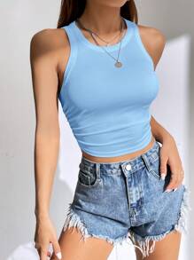 Muchica Solid Ruched Side Crop Tank White Top