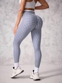 SHEIN Sport Studio Women's Asymmetrical Waistband Plaid Casual Gym Sports Leggings