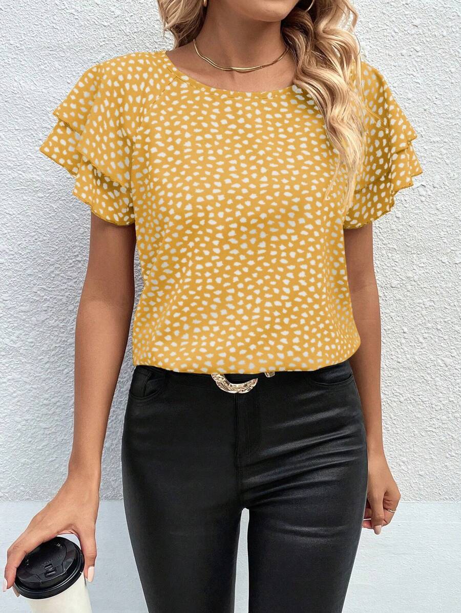 EMERY ROSE Women's Casual Round Neck Short Sleeve All-Over Heart Print Blouse, Daily Wear - Multicolor - View 1