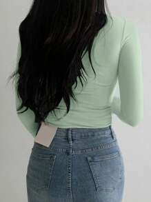 DAZY Dames coltrui lange mouw basis shirt, groen, lente/zomer