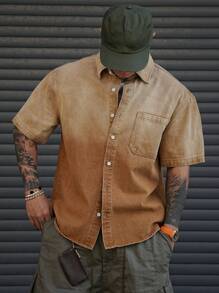 DAZY Summer Solid Brown Gradient Men's Denim Shirt - Brown - View 1