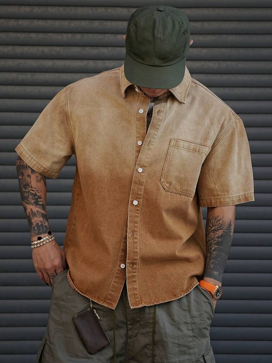 DAZY Summer Solid Brown Gradient Men's Denim Shirt - Brown - View 1