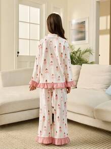 SHEIN Tween Girls Cute Cartoon Pattern Collar Button Front Long Sleeve Top And Ruffle Trim Soft Comfortable Pants 2 Pieces Pajama Set, Sibling Matching Outfits (2 Sets Sold Separately) - Pink - View 2