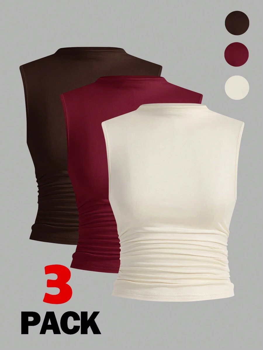 SHEIN Essnce 3pcs Pleated Sleeveless Tops, Women's Flat Collar Sleeveless Casual Tank Tops Great Value 3 Packs, Summer