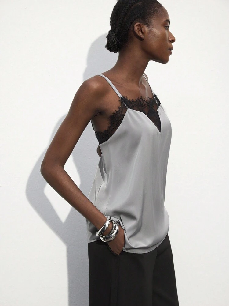 SHEIN Maija Women's Autumn/Winter Christmas Party Lace & Satin Camisole Tank Top Valentine's Day