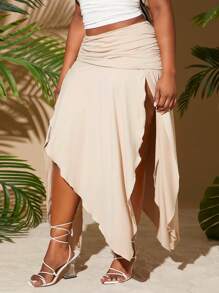 SHEIN PETITE CURVE Falda asimétrica gris caqui de talla grande para mujer, de unicolor, con cintura fruncida y abertura alta sexy, adecuada para vacaciones en la playa, citas, cumpleaños, despedida de soltera, estilo lindo y casual, para ir de compras, salir, fácil de combinar y que hace que la figura luzca estilizada.