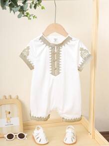 SHEIN White Summer Elegant Wedding Newborn Baby Boy Girl Soft Comfortable Jacquard Fabric Outfit,Decorative Ribbon Round Neck Short Sleeve Romper,Versatile - White - View 2