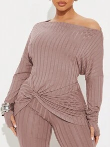 SHEIN EZwear 2pcs Plus Size Solid Color Asymmetrical Neck Long Sleeve Twist Detail Casual Top & Pants Set - Dusty Pink - View 3