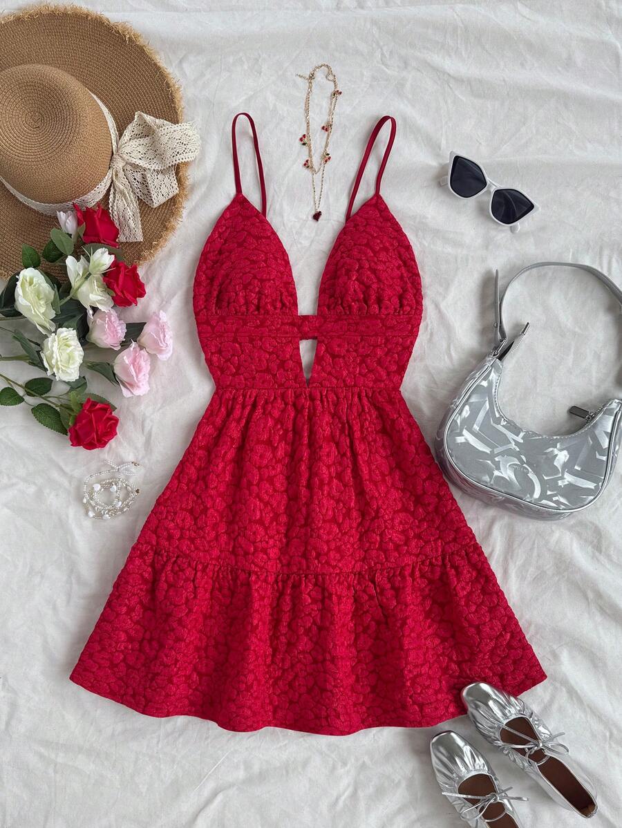 Soleia Women's Valentine's Day Sexy Spaghetti Strap A-Line Backless Red Dress, Bachelorette Outfit