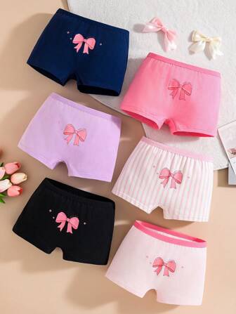SHEIN 6Pcs/Pack Young Girls' Comfortable Series Bowknot Cotton Printed Briefs Underwear Set