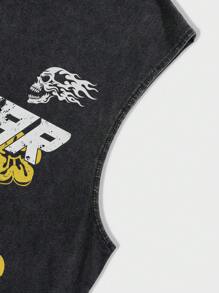 ROMWE MEN Street Life Camiseta de tirantes con estampado de flores y letras, desgastada y lavada a la nieve para hombre - Negro - Ver 4